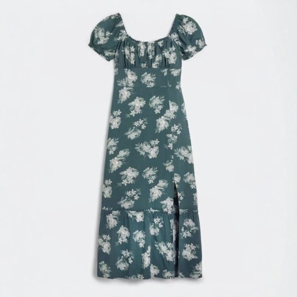 Hollister On or Off the Shoulder Floral Green & White Midi Dress with Split Hem